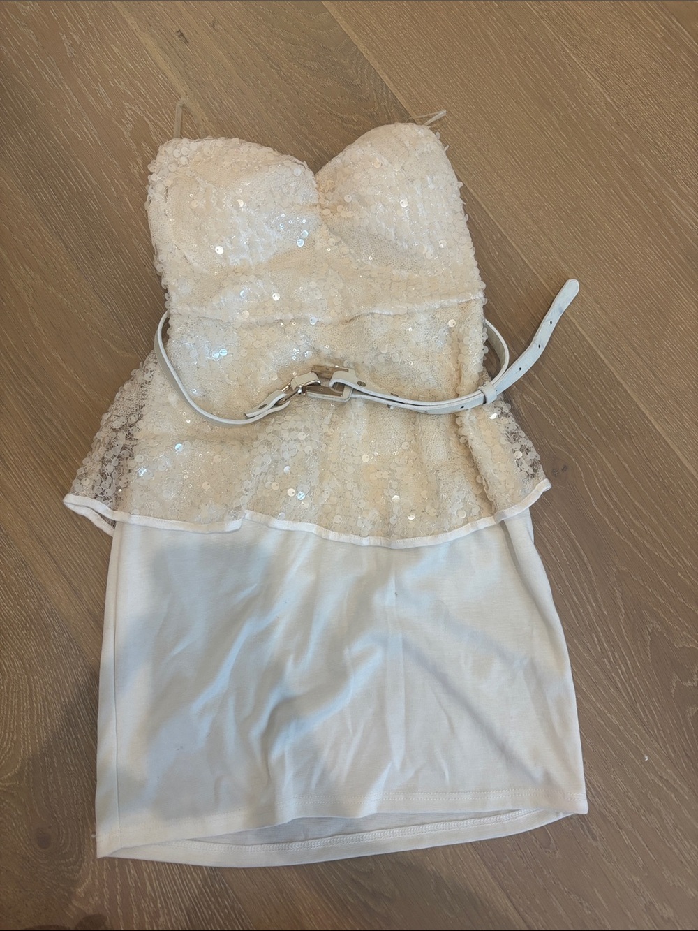 White Sequin Peplum Strapless Dress with Belt